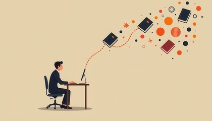 Creative Man Working on Computer with Floating Books and Abstract Elements in Minimalist Home Office Setting