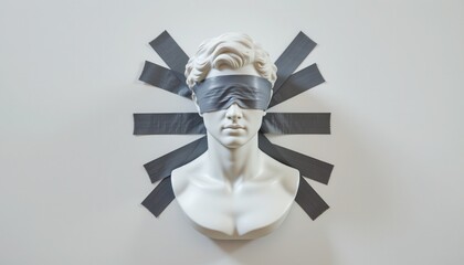 Abstract sculpture of a blindfolded man with tape on the wall, representing isolation and hidden vision