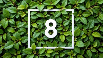 Green Leaves Background with Number Eight Inside a White Frame for Nature and Environment Concepts