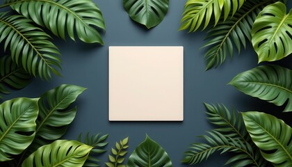 Green Tropical Leaves Surrounding Blank Canvas on Dark Background for Art and Design Concepts