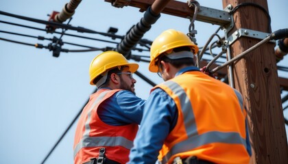 Workers in Safety Gear Performing Maintenance on Power Lines with Clear Blue Sky Background