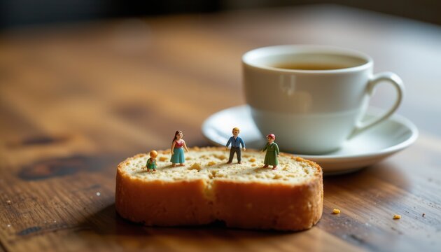 Miniature Figures Standing on Bread Slice with Coffee Cup on Wooden Table Surface - Powered by Adobe