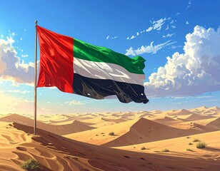 Generated image. UAE flag in the desert with blue sky background