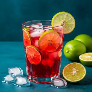  a large glass of Sirap Limau (lime cordial), showing the vibrant red color mixed with slices of fresh lime and ice cubes