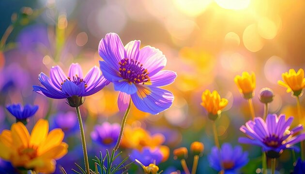 A field of vibrant purple and yellow flowers illuminated by warm sunlight, creating a dreamy bokeh effect. - Powered by Adobe
