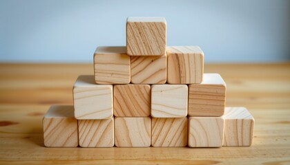 Wooden Building Blocks Stacked in a Creative Pyramid Design on a Wooden Table Surface Perfect for Educational Use