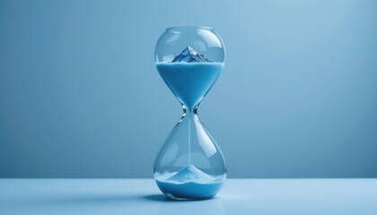 Elegant hourglass with blue sand and mountain peak isolated on light blue background symbolizing time and nature