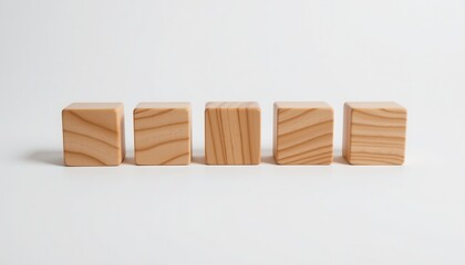 Natural Wooden Cubes in a Row on White Background with Unique Grain Patterns for Creative Use and Decoration