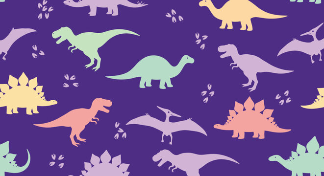 Seamless pattern showcasing various pastel-colored dinosaur silhouettes and small footprints on a vibrant dark purple background.