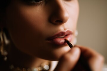 Softly lit close-up of a bride applying lip gloss with a brush to enhance natural beauty, featuring warm skin tones and intricate jewelry details like necklaces, perfect for beauty and wedding concept