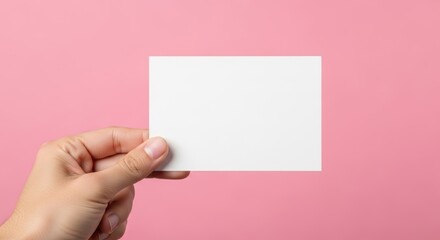 Fototapeta premium Hand Holding Blank White Card on Pink Background, Business card, Empty, Paper