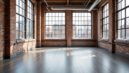 Spacious industrial interior with large windows and wooden flooring.