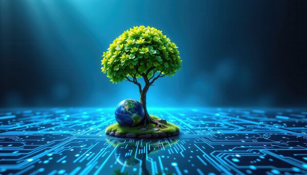 Tree and Globe on Digital Circuit Background Symbolizing Nature and Technology Harmony in Modern World