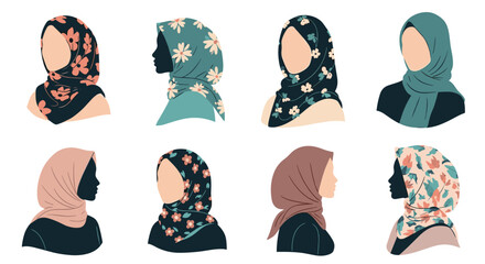 Diverse collection of portraits showcasing eight women wearing beautifully patterned hijabs some with detailed faces and others in silhouette.