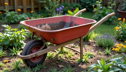 A red wheelbarrow sits amidst vibrant garden flowers.