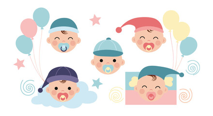 Adorable collection of five baby faces with pacifiers and cute hats, surrounded by cheerful balloons and sparkling stars.