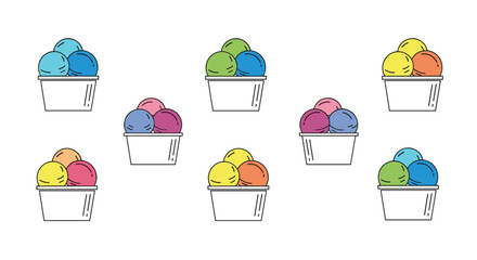Delightful collection of ice cream scoops in various vibrant color combinations presented in white cups perfect for dessert themes.