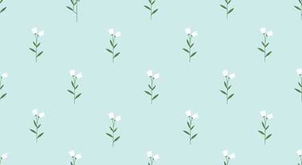 Seamless pattern featuring delicate white bellflowers with green stems evenly spaced on a soothing light blue background, for floral designs.