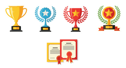 Elegant collection of gold and blue trophy cups and certificates adorned with stars and laurel wreaths symbolizing victory and excellence.