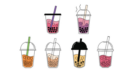 Colorful collection of seven bubble tea cups in various designs and vibrant color combinations, perfect for beverage and cafe themes.