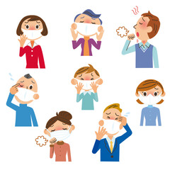 風邪や花粉でマスクをして予防をしているイラスト