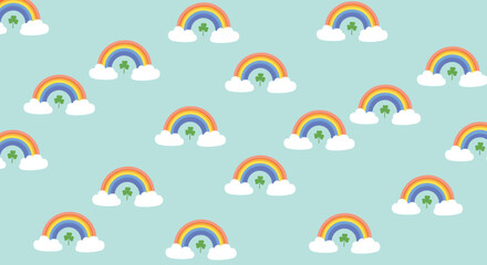 Seamless pattern featuring cheerful rainbows with fluffy white clouds and green clovers evenly spaced on a soothing light blue background.