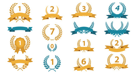 Comprehensive collection of laurel wreaths and ribbons with numbers 0 to 7 in elegant gold and vibrant blue symbolizing ranking and success.