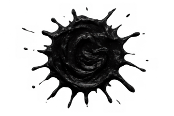 Black liquid splash creating an abstract ink blot design, dynamic fluid spill with transparent background