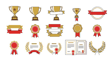 A comprehensive set of colorful award icons featuring golden trophies medals ribbons certificates and laurel wreaths for recognition.