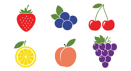 A vibrant collection of six different fresh fruits including strawberries blueberries cherries lemons peaches and grapes.