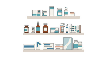 Three neatly arranged shelves in a pharmacy filled with a wide variety of medications and pharmaceutical products ready for sale.