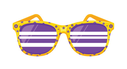 A pair of stylish yellow sunglasses with delicate purple floral patterns on the frames and bold striped lenses.