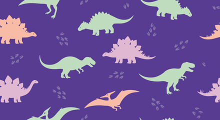 A vibrant seamless pattern featuring various colorful dinosaur silhouettes and footprints against a whimsical purple background.