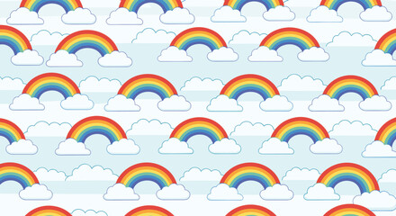 A cheerful seamless pattern depicting colorful rainbows with fluffy clouds against a soft light blue striped background.