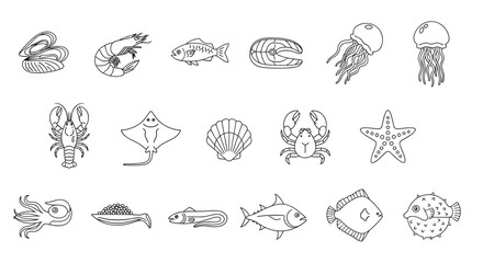 An extensive collection of line art seafood icons featuring various marine creatures like fish shrimp lobster and shellfish.