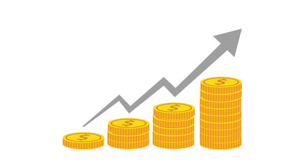 Visualizing financial growth with stacks of coins and an upward trending arrow graph.