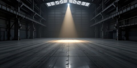 Spacious industrial setting with a beam of light illuminating the floor.