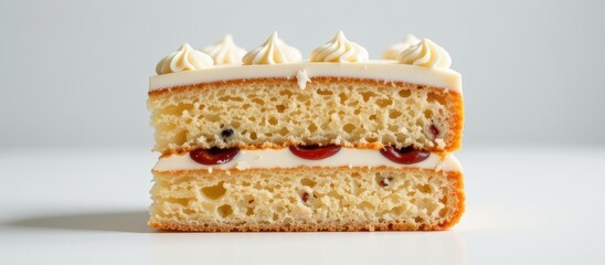 Delicious layered cake with cream and cherries, perfectly displayed.