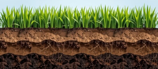 Illustration of soil layers with grass at the surface and detailed root systems below.