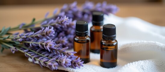 Lavender essential oils with flowers on a soft fabric background.