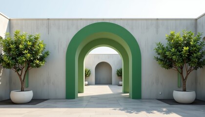 Modern archways with green accents and potted trees in a minimalist courtyard.