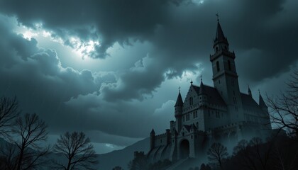Mysterious castle under dark clouds and rain, creating a dramatic atmosphere.