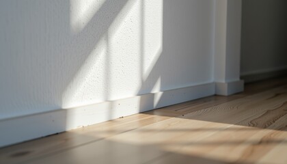 A corner of a room with sunlight casting shadows on the floor.
