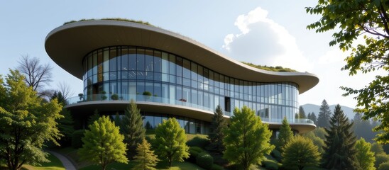 Modern architectural building with a curved design amidst greenery and clouds.