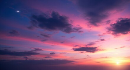 Fototapeta premium Radiant Star Over a Vibrant Sunset Sky, Bright, Shining, Celestial