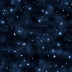 Obraz premium Blue space background with stars and nebulae. Seamless tiling pattern, digital illustration.
