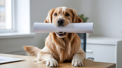 Golden retriever dog holding document working in office