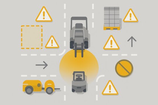Industrial safety graphic illustrating a forklift navigating a complex workspace with warning signs, barriers, and a pallet emphasizing operational awareness and hazard recognition