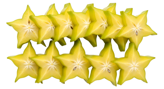 A collection of sliced star fruits, also known as carambola, isolated on a transparent background