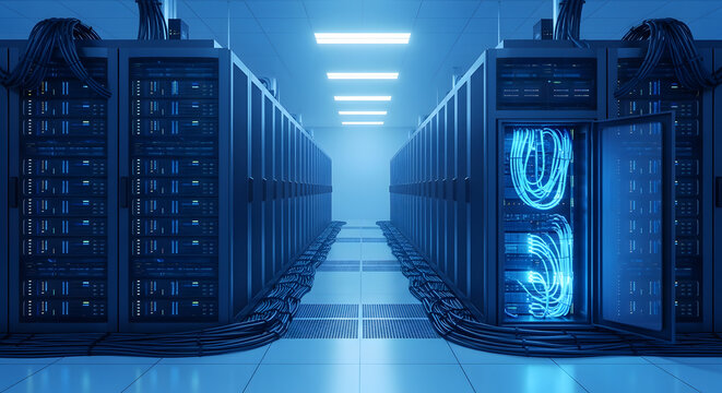 Server Room Interior with Data Cables